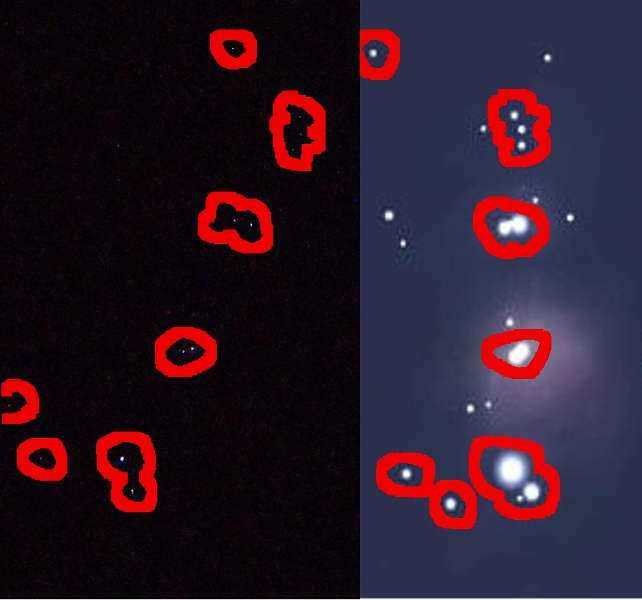 [Two tall thin images are spliced together with one beside the other. Because of the magnification level, these images have stars which are very close together so some of the red circles squiggle to emphasize more than one orb inside them. There are three red circles which only have one orb; two circles which each have two orbs, and two circles which have three orbs. The largest brightest star is in a two-fer circle near the bottom. The three-dot arc is in the upper section of the image. The right image has additional white dots visible. In addition, the main stars of the right image are much larger in diameter. ]